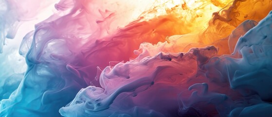 Wall Mural - Dramatic watercolour cloudscape with warm orange tones and cool blue gradient.