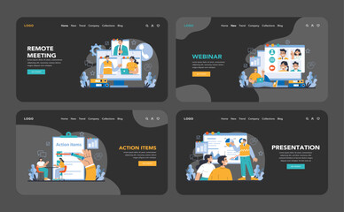 Poster - Business meeting night or dark mode web or landing page set. Virtual team interactions, engaging webinars, task prioritization, and informative presentations. Flat vector illustration.
