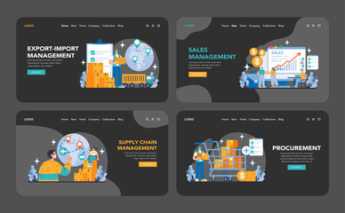 Poster - Business Operations night or dark mode web or landing page set. efficient export-import management, sales strategies, streamlined supply chain logistics, and thorough procurement methodologies.