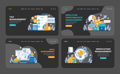 Poster - Comprehensive operational processes and technologies set. Expertise in tax, employee performance, data, and innovation management. Strategic business solutions. Flat vector illustration.