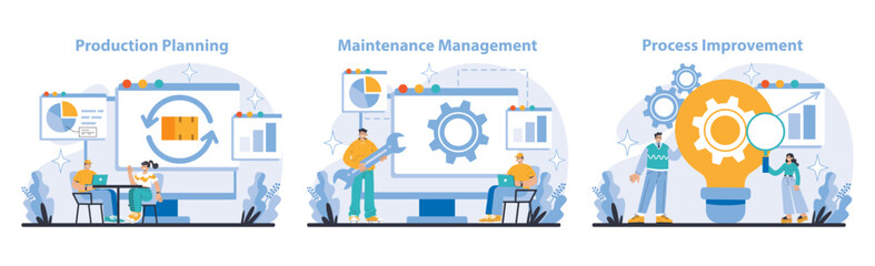 Poster - Production and Quality set. Insight into production planning, maintenance, and continuous improvement. Strategy and teamwork for quality outcomes. Flat vector illustration.