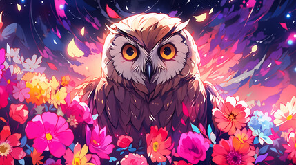 Wall Mural - Hand drawn cartoon illustration of owl among flowers under the starry sky at night
