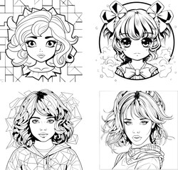 Sticker - Cute girl vector image, black and white coloring page
