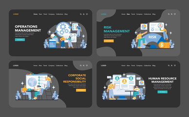 Poster - Strategy and management night or dark mode web or landing page set. Presenting operations, risk, corporate social responsibility, and human resource management. Flat vector illustration.