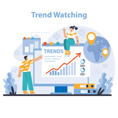 Wall Mural - Trend watching. Specialist tracking new business trends. Forecasting, data analysis and promotion strategy development. Flat vector illustration