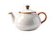 A white teapot with a black handle on transparent background.