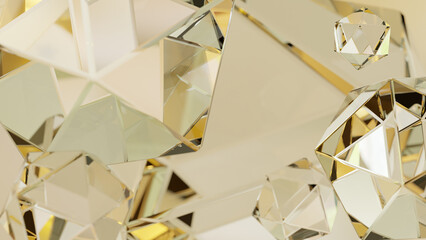 Wall Mural - Stylish background with a polygonal crystal form. A 3D abstraction of a geometric jewelry surface. Background scenes with gold reflection crystals.