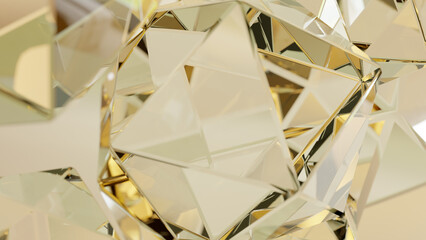 Poster - Elegant background with a polygonal crystal form. A 3D abstraction of a geometric jewelry surface. Scenes with gold reflection crystals in the background.
