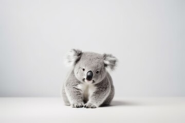 A cute koala bear, playing a guitar, is sitting on a white surface with an eucalyptus forest background.