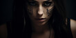 A woman, her face adorned with tribal makeup and runic tattoos, embodies a beautiful female neuromancer in war paint.