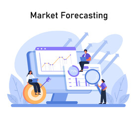 Poster - Market Forecasting in focus. Professionals study market trends on a giant screen, analyzing future projections with dynamic arrows. Strategy and prediction elements evident. Flat vector .