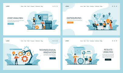 Poster - Dynamic web banner set illustrating key aspects of Cost Optimization: meticulous cost analysis, global outsourcing advantages, technological innovation, and results analysis. Flat vector illustration