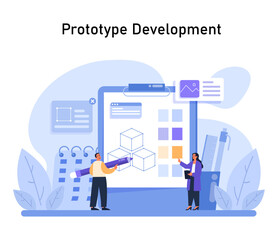 Poster - Prototype Development illustration. Detailed view of a team crafting a digital prototype, symbolizing the hands-on phase of the Design Thinking process. Flat vector illustration