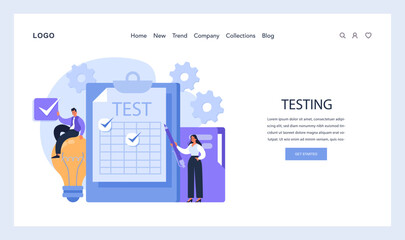 Poster - Testing phase web or landing. Professionals rigorously evaluate a product, focusing on quality assurance and user satisfaction within the Design Thinking framework. Flat vector illustration