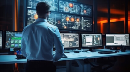 Industry 4.0 Modern Factory: Project Engineer Talks to Female Operator who Controls Facility Production Line, Uses Computer with Screens Showing AI, Machine Learning Enhanced Assembly Process