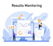 © inspiring.team - Results Monitoring concept. Professionals scrutinize data analytics for insights and performance metrics, essential in marketing strategy development. Data-driven decision-making. vector illustration