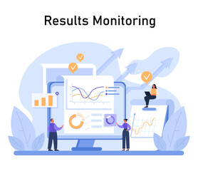 Results Monitoring concept. Professionals scrutinize data analytics for insights and performance metrics, essential in marketing strategy development. Data-driven decision-making. vector illustration