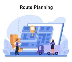 Route Planning concept. Logistics professionals strategize delivery paths with a digital map, reflecting the precision of modern supply chain management. Flat vector illustration