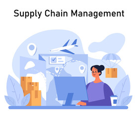 Poster - Supply Chain Management concept. An expert orchestrates global logistics with the aid of technology, ensuring efficient transportation and delivery. Flat vector illustration