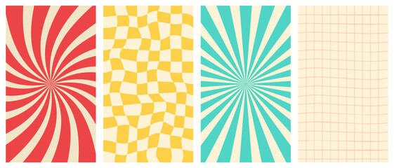 Wall Mural - Vector set of groovy hippie 70s backgrounds. Vertical retro posters. Chessboard, twisted, wavy,swirl, rays trendy backgrounds. Vector illustration