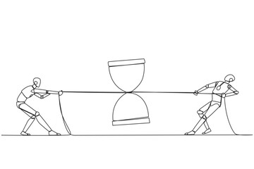 Poster - Single one line drawing two smart robots fighting over an hourglass. Beat each other to get the desired time. Time for test run. Future robotic development. Continuous line design graphic illustration