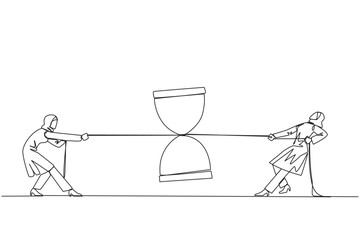 Poster - Continuous one line drawing Arabian businesswomen fighting over  hourglass. Fierce competition to get additional time for business expansion opportunities. Single line draw design vector illustration