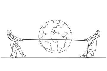 Poster - Continuous one line drawing two Arabian businesswomen fighting over globe. Fierce fight for territory. Build a business empire. Get the profit. Work smart. Single line draw design vector illustration