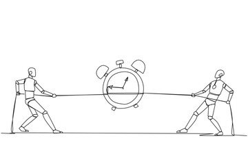 Poster - Continuous one line drawing two smart robots fighting over an alarm clock. Competition to get the desired time. Robotic improvisation. Future technology. Single line draw design vector illustration