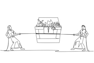 Poster - single one line drawing two arabian businessmen fight over an open treasure chest. battle over findi