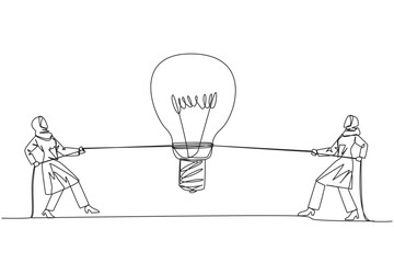 Poster - Continuous one line drawing two Arabian businessmen fighting over a lightbulb. Compete to find solutions. Looking for the best way out to gain profits. Single line draw design vector illustration