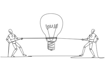 Poster - continuous one line drawing two robots fighting over lightbulb. fierce competition to find best solu