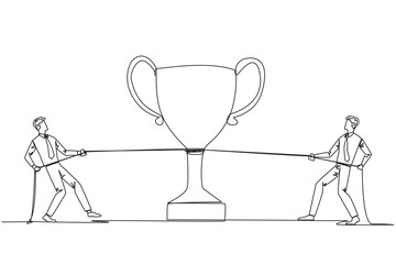 Poster - Single continuous line drawing two businessmen fighting for a trophy. Strive to be a winner. Always get satisfactory business results. A very appreciated business. One line design vector illustration