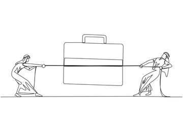 Poster - Single continuous line drawing two Arabian businessmen fighting over briefcase. Compete to be the best marketer to market new products. Expand the new business. One line design vector illustration