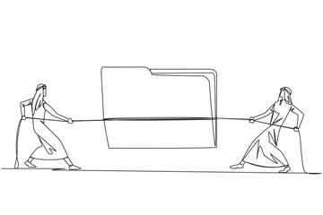 Poster - Continuous one line drawing two Arabian businessmen fighting over document folder. Fighting for confidential information that very profitable for company. Single line draw design vector illustration