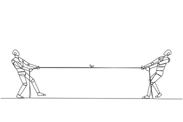 Poster - Single one line drawing two robots pulling each other's rope. Train each other's intelligence levels. Games to improve movement sensors. Future technology. Continuous line design graphic illustration