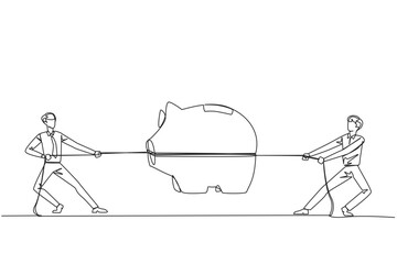 Poster - Continuous one line drawing two businessmen fighting over a piggy bank. Competition for investment. Trying to get a good life in retirement. Decent old age. Single line draw design vector illustration