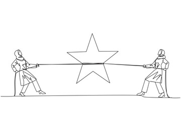 Poster - Single one line drawing two Arabian businesswomen fighting for a star.  Fight for the highest award stars. Achieve the dream to be the best. Achievement. Continuous line design graphic illustration