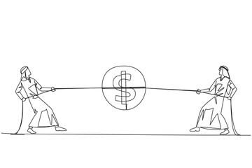 Poster - Continuous one line drawing two Arabian businessmen fighting over a coin with dollar symbol. Compete for rights that must be received, even if small thing. Single line draw design vector illustration