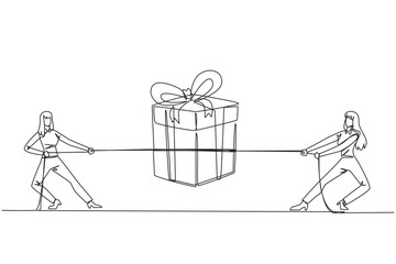 Wall Mural - Single continuous line drawing two businesswomen fighting over a gift box. Trying to get each other bonuses. Bonus for each other's hard work. Work smarter than before. One line vector illustration