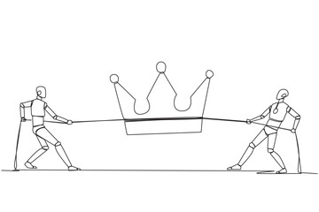 Poster - Single one line drawing two robots fight for the crown. Competition to become the greatest robot ever. Artificial intelligence. Future tech development. Continuous line design graphic illustration