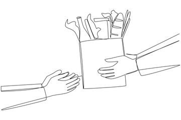 Poster - Continuous one line drawing hand giving grocery bag. Very environmentally friendly shopping bags. Able to carry various types of food. Protect the earth. Single line draw design vector illustration