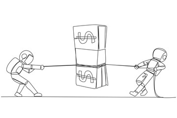 Poster - Single continuous line drawing two astronauts fighting over banknotes. Fight for a training scholarship for expedition to the moon. Fight for dreams. Outer space. One line design vector illustration