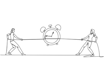 Poster - Single continuous line drawing two businesswomen fighting over an alarm clock. Competition to get rare antique clocks. Put in all the best efforts. Battle. Versus. One line design vector illustration