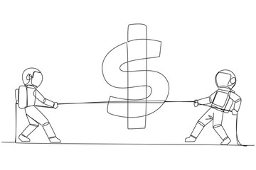 Poster - Continuous one line drawing two astronauts fighting over dollar symbol. Tightening expedition funds. Cosmic galaxy space concept. Expedition into space. Single line draw design vector illustration