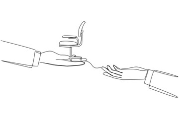 Poster - Continuous one line drawing hand provides work chair. Handover of position. Share the same responsibilities in business. Teamwork to make a lot of profit. Single line draw design vector illustration