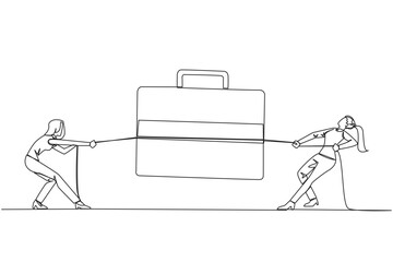 Single one line drawing two businesswomen fighting over briefcase. Competing to gain trust to expand the business overseas. Want to achieve maximum profits. Continuous line design graphic illustration