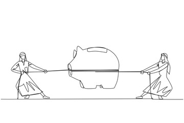 Poster - Single one line drawing two Arabian businessmen fighting over a piggy bank. Fighting each other for investment. Rely on muscle to become a winner. Struggle. Continuous line design graphic illustration