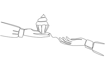 Poster - single continuous line drawing hand giving a cupcake. has a light texture. soft when eaten. snack fo