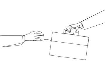 Poster - Continuous one line drawing a hand gives a briefcase to colleague. Continuing the business trip marathon. Many places to visit. Huge profits well deserved.  Single line draw design vector illustration
