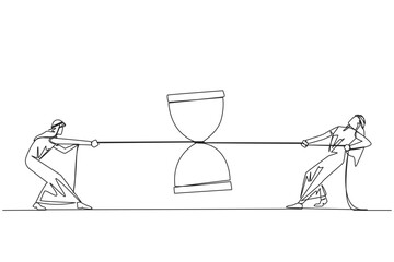 Poster - Single one line drawing two Arabian businessmen fighting over  hourglass. Rare prehistoric objects. The winner will get a lot of profits. Great achievement. Continuous line design graphic illustration